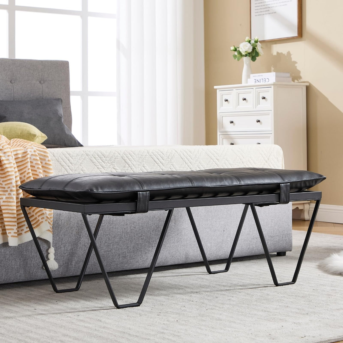 Faux Leather Cushioned Bench