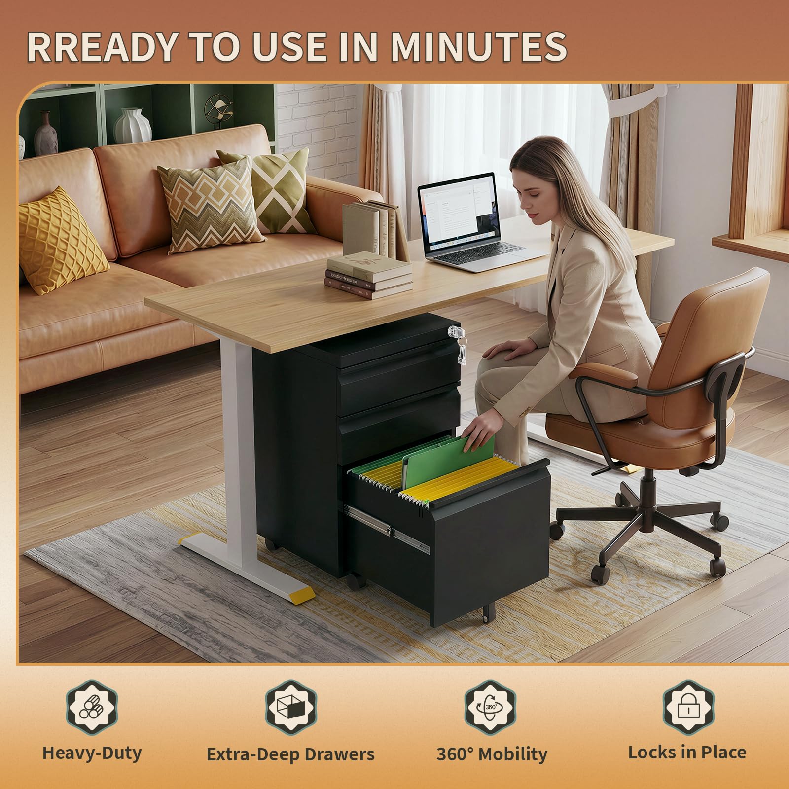 3-Drawer Locking Metal Filing Cabinet with Wheels