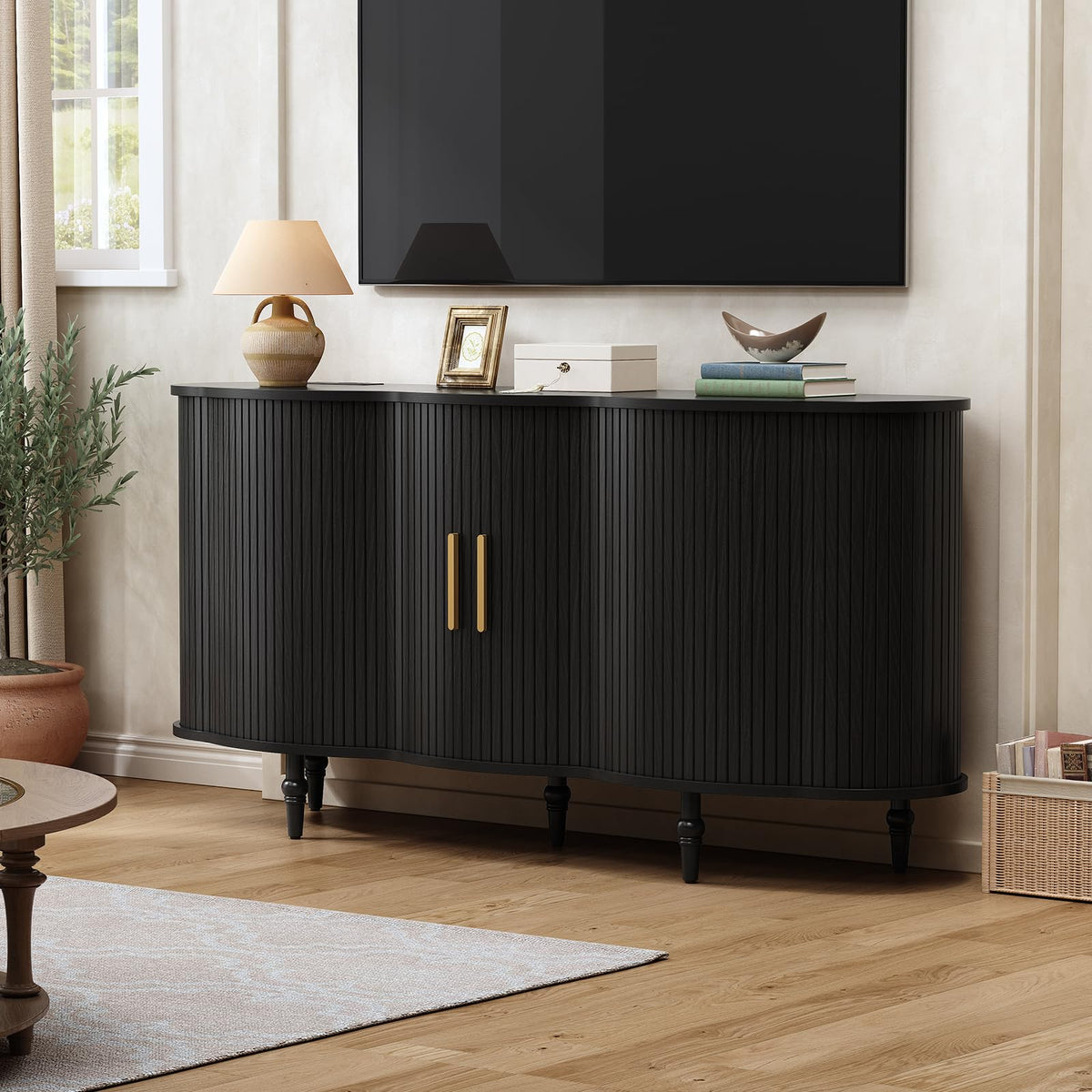 ONBRILL 63" Fluted Sideboard Buffet Cabinet with Storage (Black)