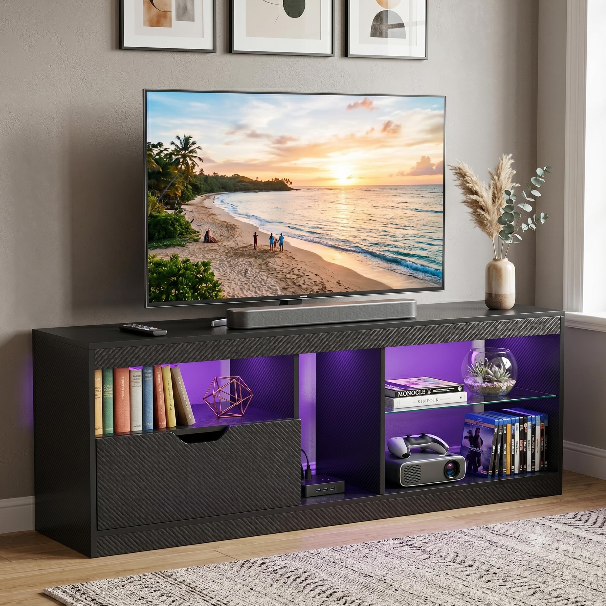 Homall LED TV Stand Mount for 65 inch, Modern Entertainment Center with LED Lights & High Glossy Cabinets, TV Cabinet Console Table with Drawer, Glass Shelves, Dynamic RGB Modes for Living Room, Black