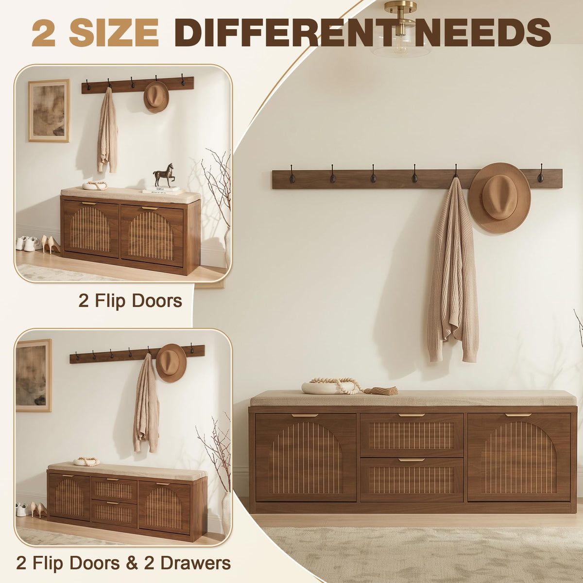 WINWY Shoe Storage Bench with Coat Rack, Flip Doors & Cushion, Walnut