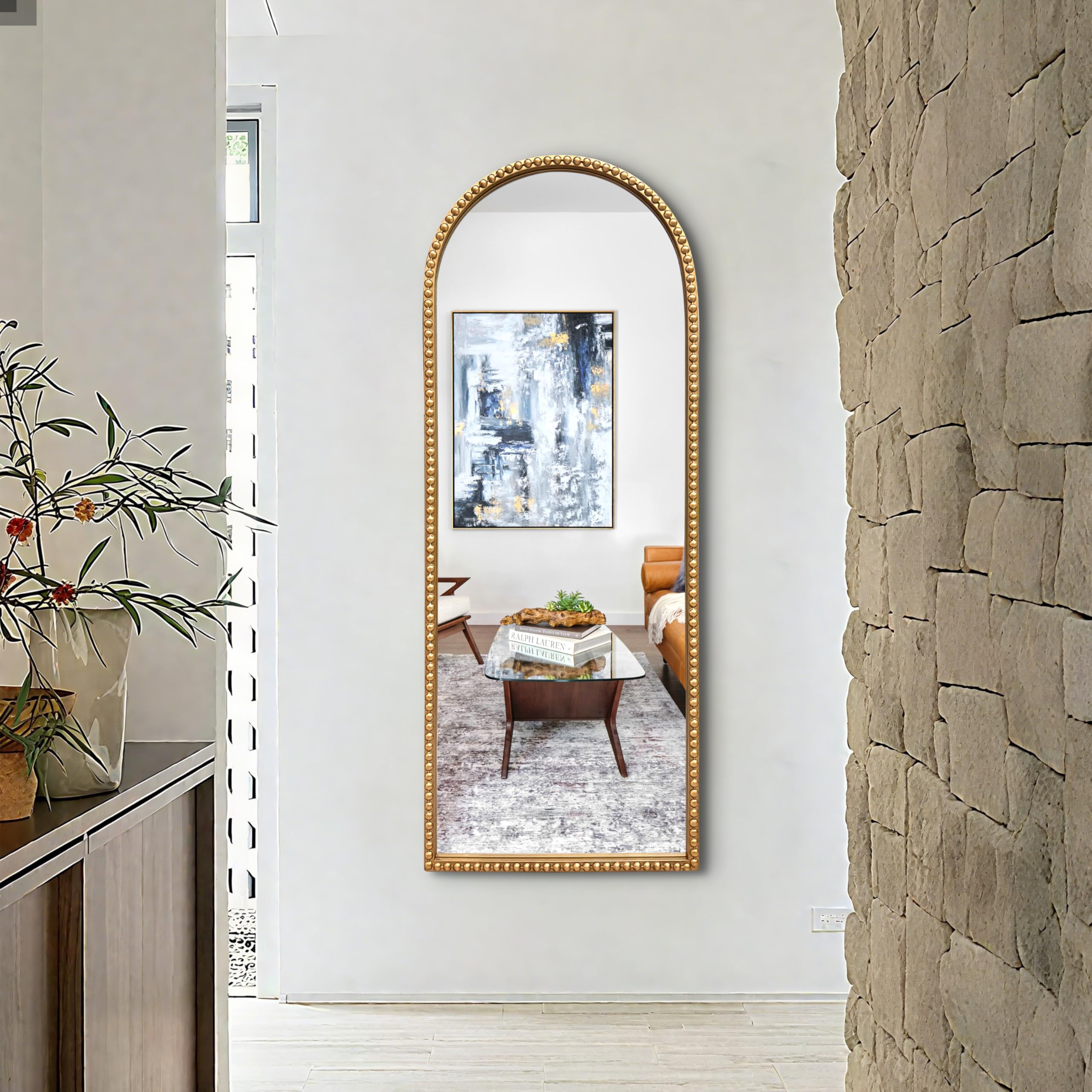 Gold Arch Full Length Wall Mirror with Antique Beaded Frame