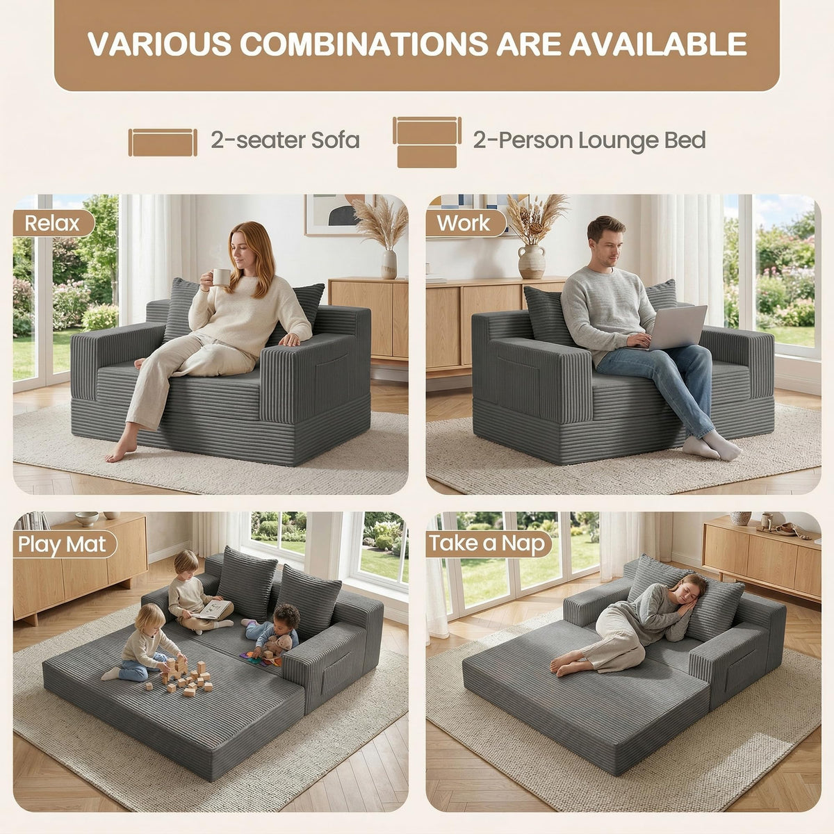 feliz home Boneless Loveseat Small Couch Bed, Futon Sleeper Sofa Bed,Convertible Pull Out Couch with 2 Pillows,Corduroy Folding Floor Couch for Living Room,No Assembly Required,Grey