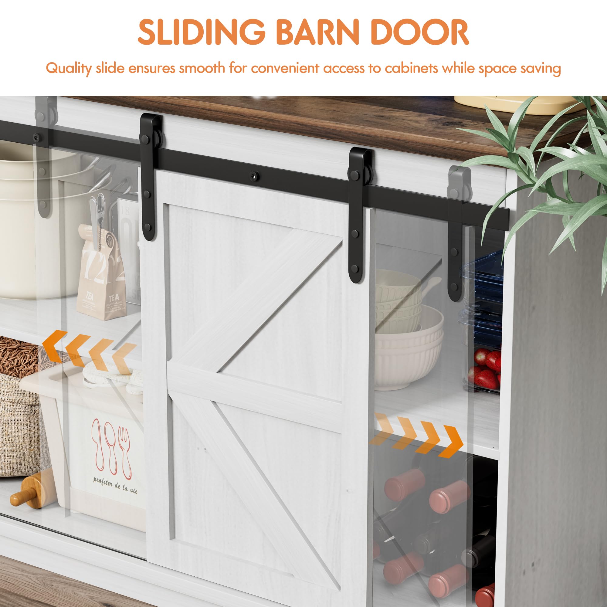 Shahoo Farmhouse Sideboard Buffet Cabinet, Coffee Bar Storage with Sliding Barn Doors, Shelf for Home Dining Room, White