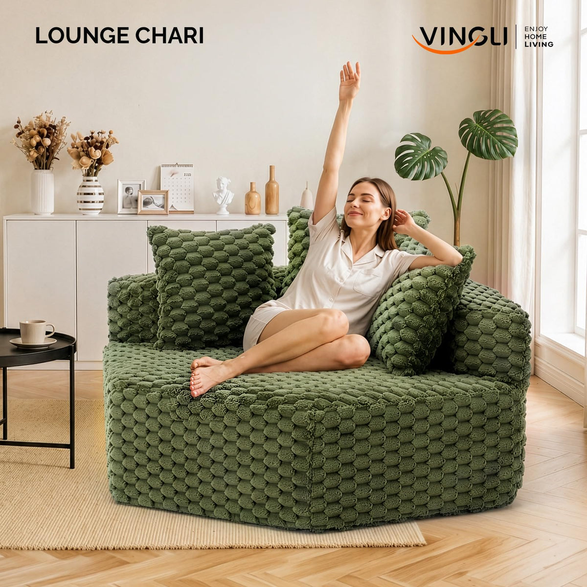 VINGLI Hexagon Boneless Chair, Modern Modular Chaise Lounge Sofa Bed, Corner Chair with Pillows, Plush Corduroy Upholstered Lazy Sofa for Living Room, Bedroom, Apartment, No Assembly Required