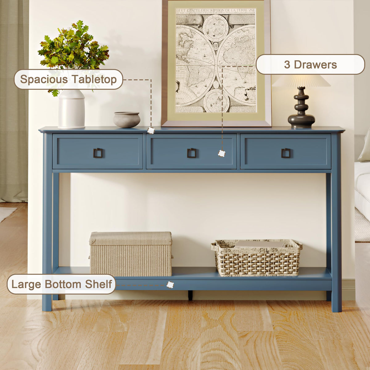 Blue Console Table with 3 Drawers