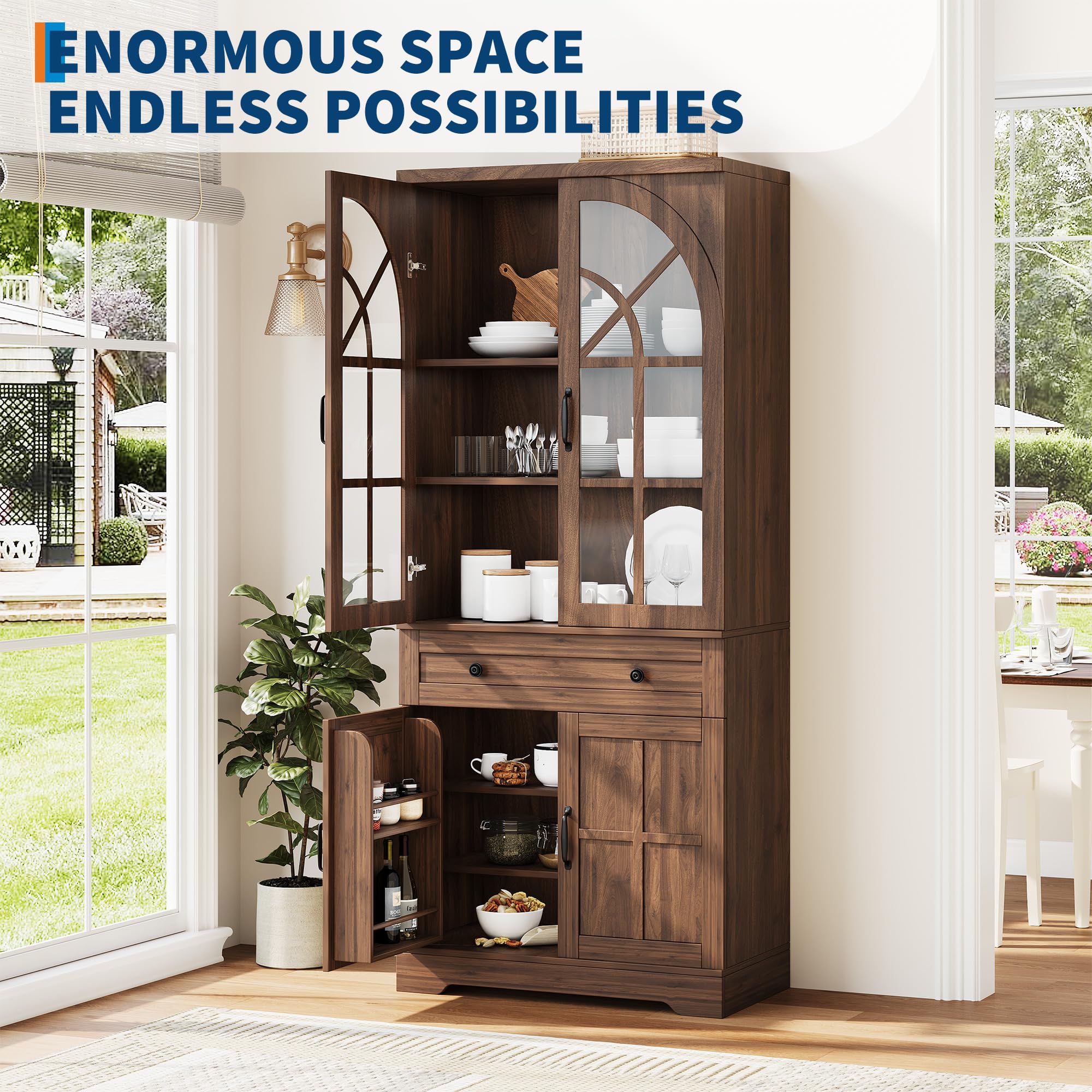 Farmhouse Pantry Cabinet with Tempered Glass Doors