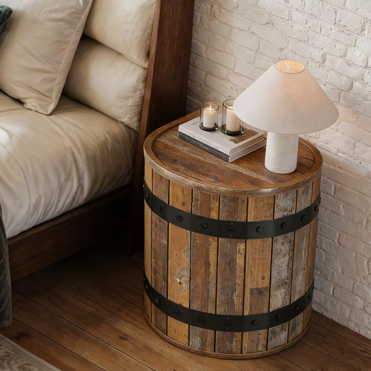 Rustic Barrel Storage Side Table