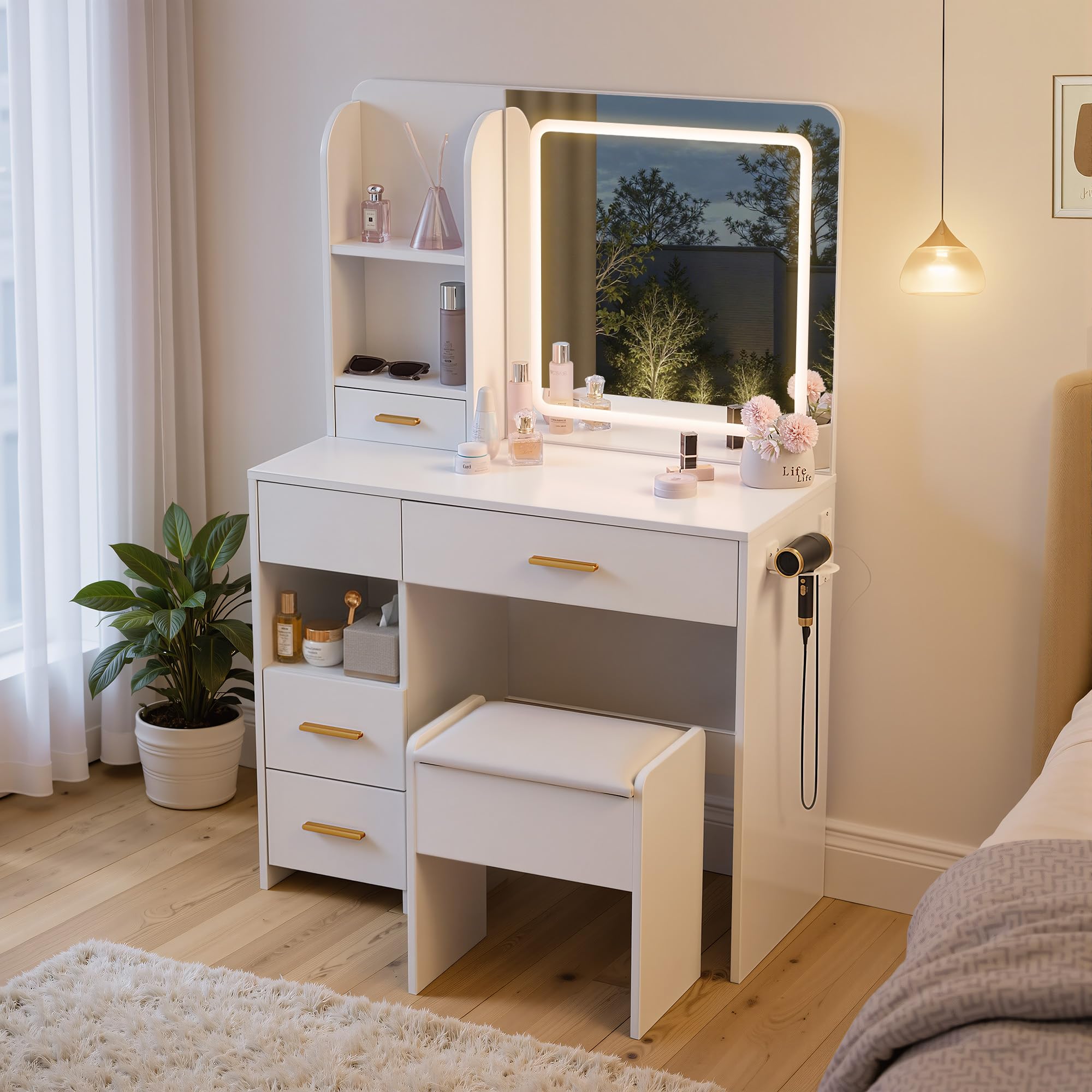LED Makeup Vanity Desk with Mirror, Drawers & Storage Stool