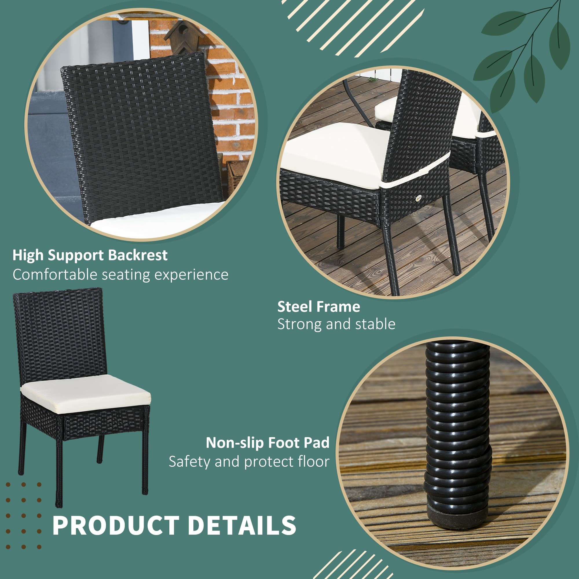 Outsunny 4 PE Rattan Outdoor Dining Chairs with Cushions, Patio Wicker Dining Chairs with Backrests for Porch, Deck, Garden, Black