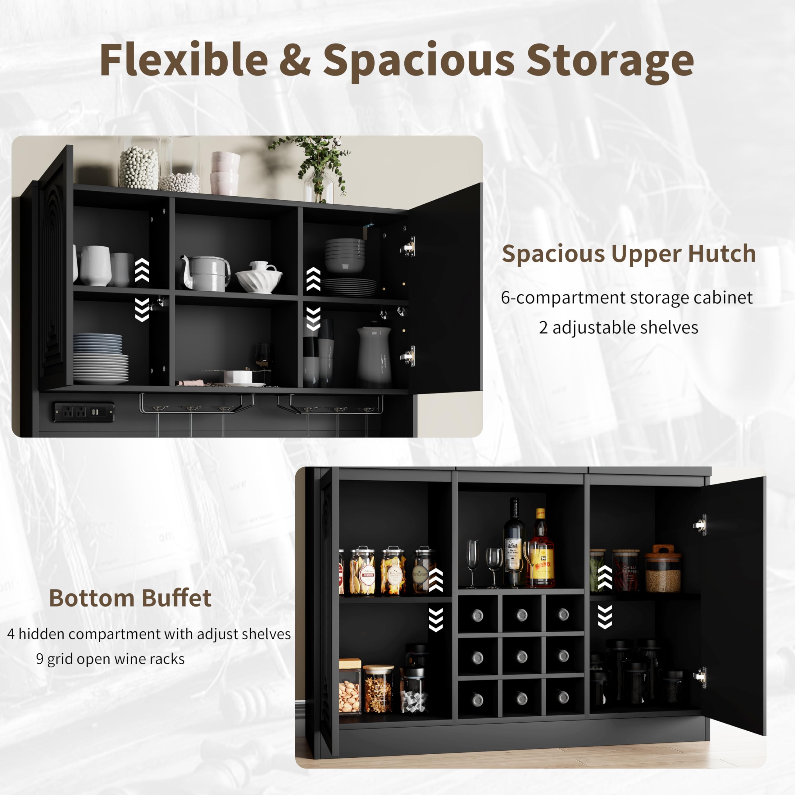 Gyfimoie 71-Inch Tall Wine Bar Cabinet with LED Lights, Modern Fluted Coffee Bar Cabinet with Charging Station & 9-Cube Wine Glass Rack, Pantry Hutch for Dining Room and Kitchen (Black)