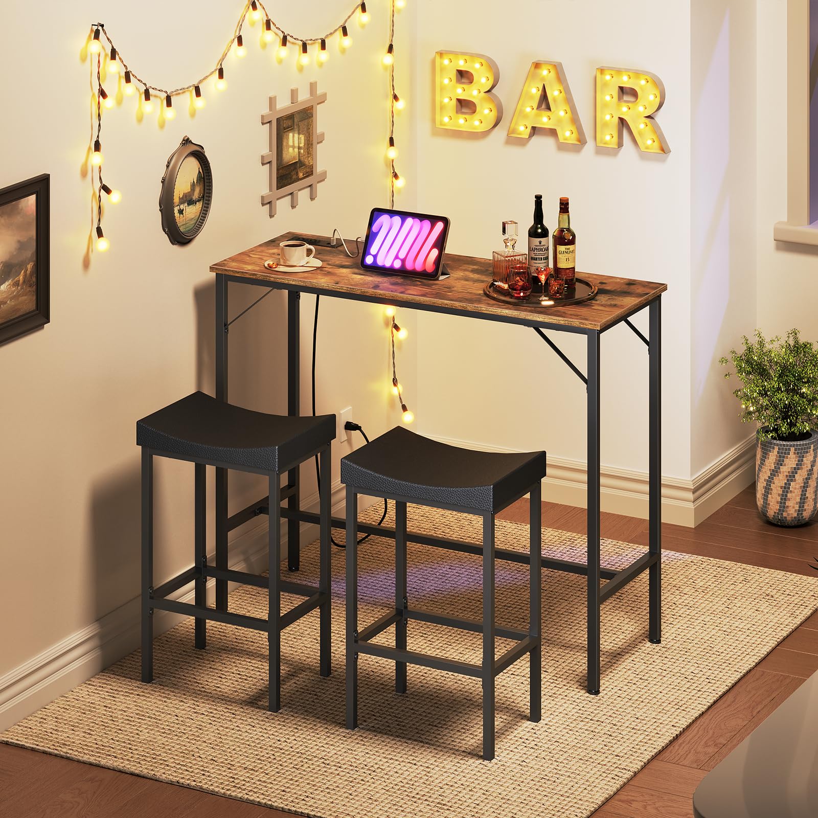 3-Piece Bar Table & Stools Set with Charging Station