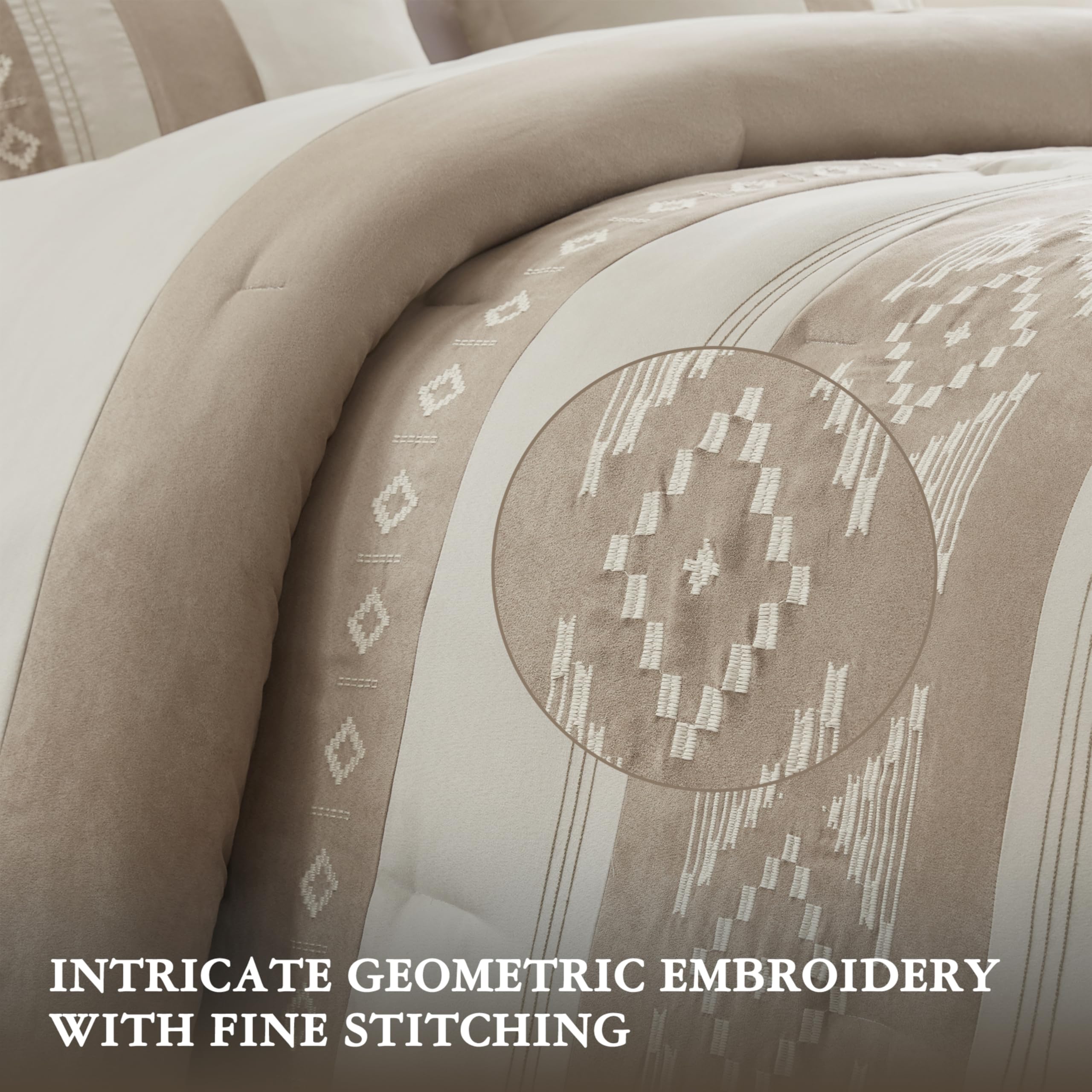 King Comforter Set – 5-Piece Microsuede Embroidered Bedding with Decorative Pillows, Taupe