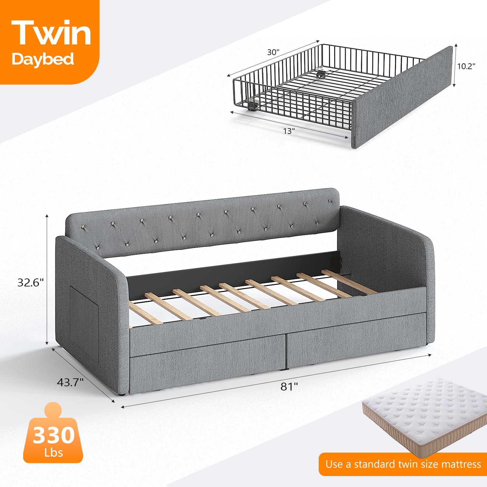 VINGLI Twin Size Daybed with 2 Storage Drawers and Pockets, Chenille Fabric with Diamond Buttons, Upholstered Comfy Sleeper Couch Sofa Bed for Living Room, Movie Room, Bedroom, Gray