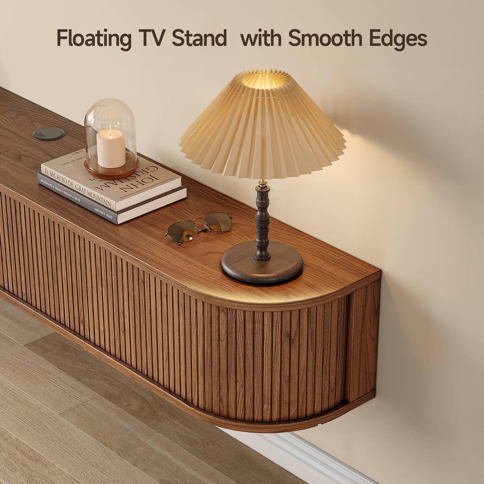 63" Floating TV Stand with Power Outlet for TVs up to 75", Fluted Entertainment Center with Remote Control for LED Lights, Mid-Century Modern TV Console w/Sliding Door for Living Room, Bedroom Walnut