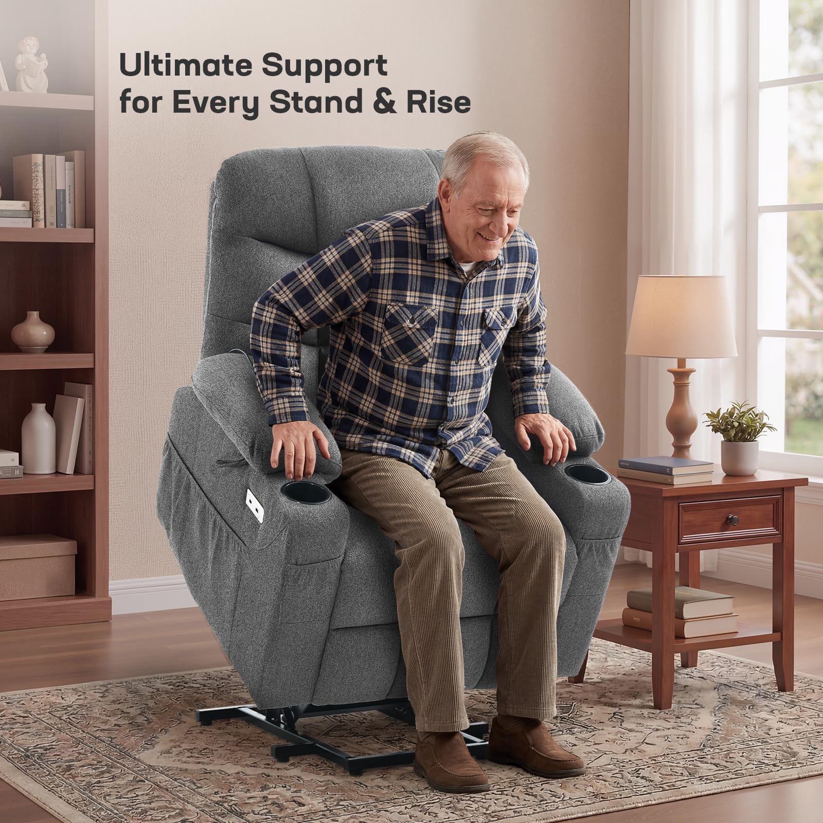 Tami Tami Dual Motor Power Lift Chair Recliner for Elderly with Massage and Heat, Infinite Position Electric Lift Recliner with USB A&C, Cup Holders (T6012 - Linen Fabric, Gray, Medium)