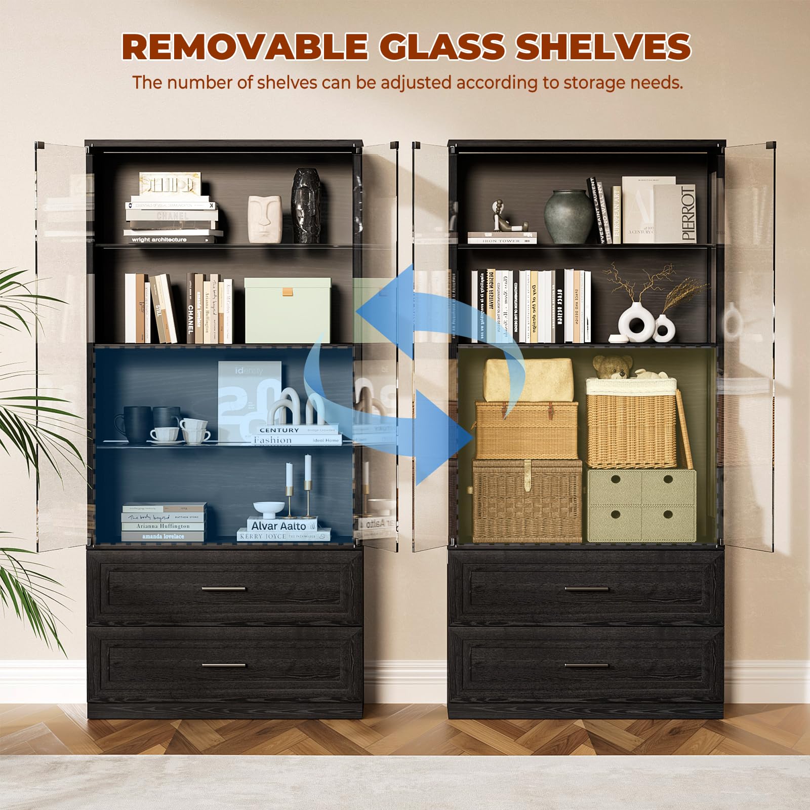 67" Glass Door Display Cabinet with LED Lights & Drawers