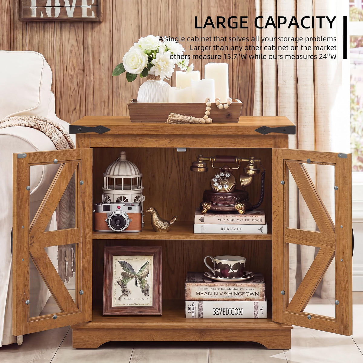 BEROXII Farmhouse End Table, 24" Large End Tables with Storage, Rustic Square Sofa Beside Table with Glass Barn Door, Wood Side Table Square Nightstand for Living Room, Bedroom, Office (Brown)