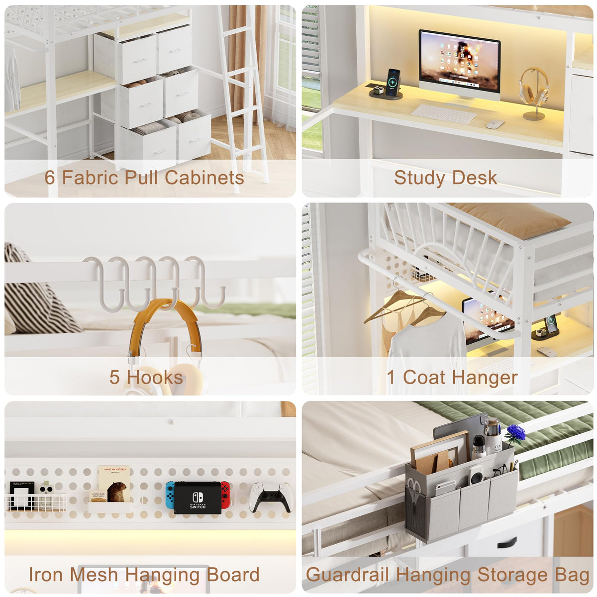 Twin Metal Loft Bed with Desk & Storage