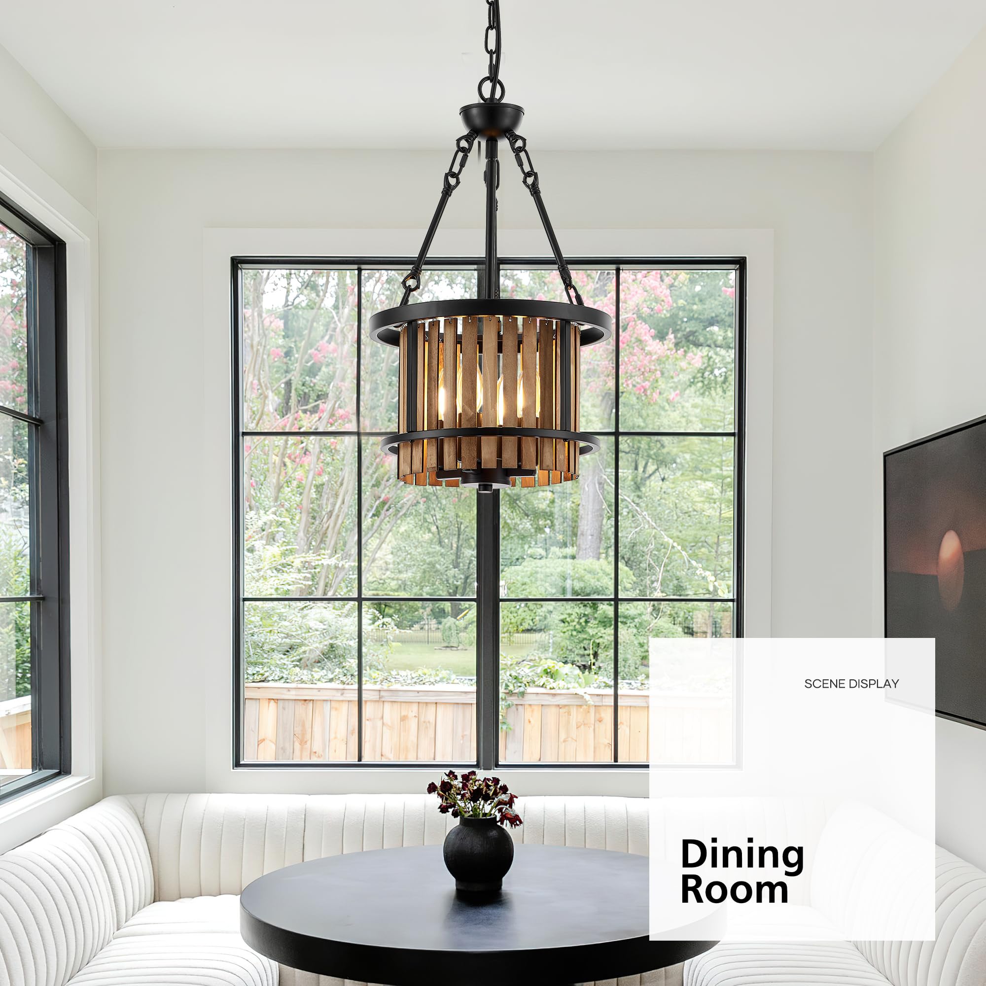 Aol furin 4-Light Drum Chandelier for Dining Room，11.8" Rustic Farmhouse Dining Room Light Fixture，Wood Grain and Vintage Black Metal Chandeliers for Kitchen Entryway Living Room