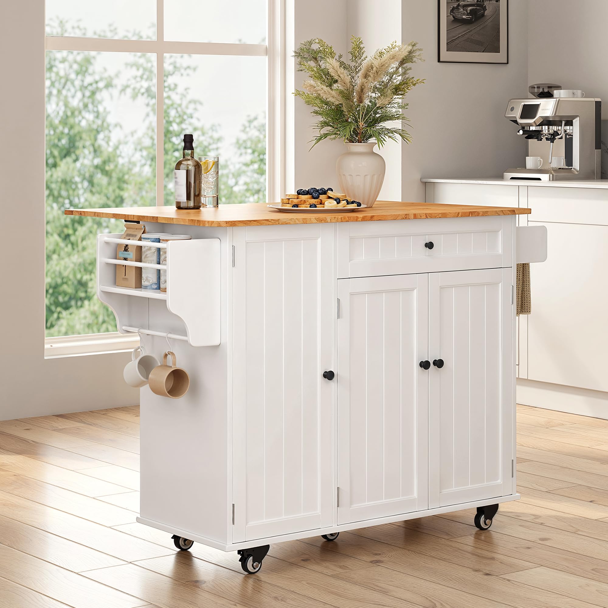 Kitchen Island with Drop Leaf, Storage Cabinet & Drawer