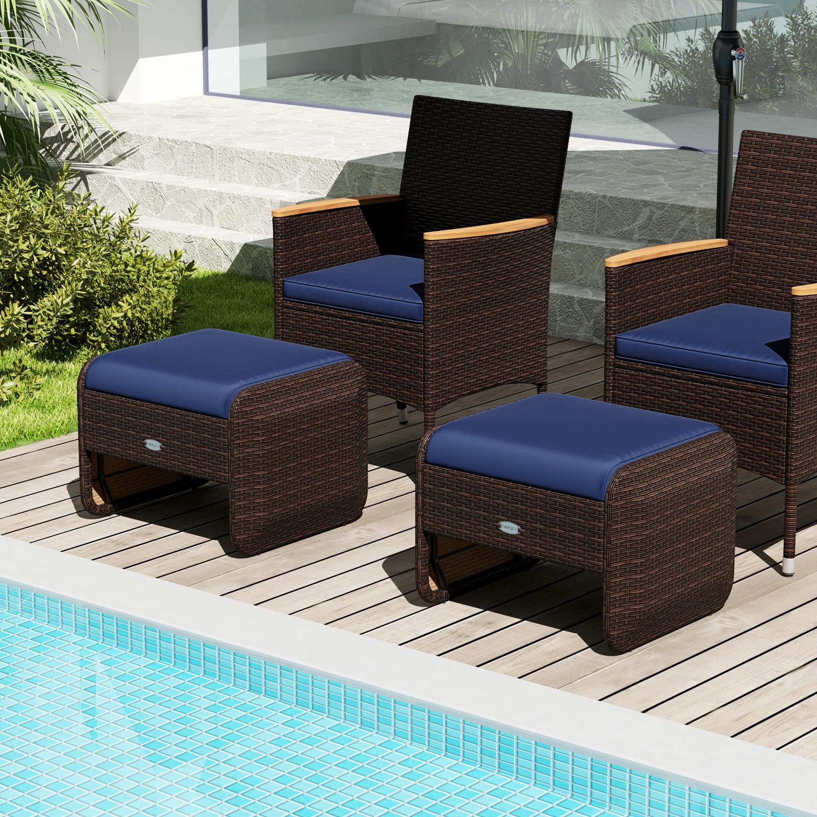 Rattan Patio Ottoman Set of 2 with Removable Cushions