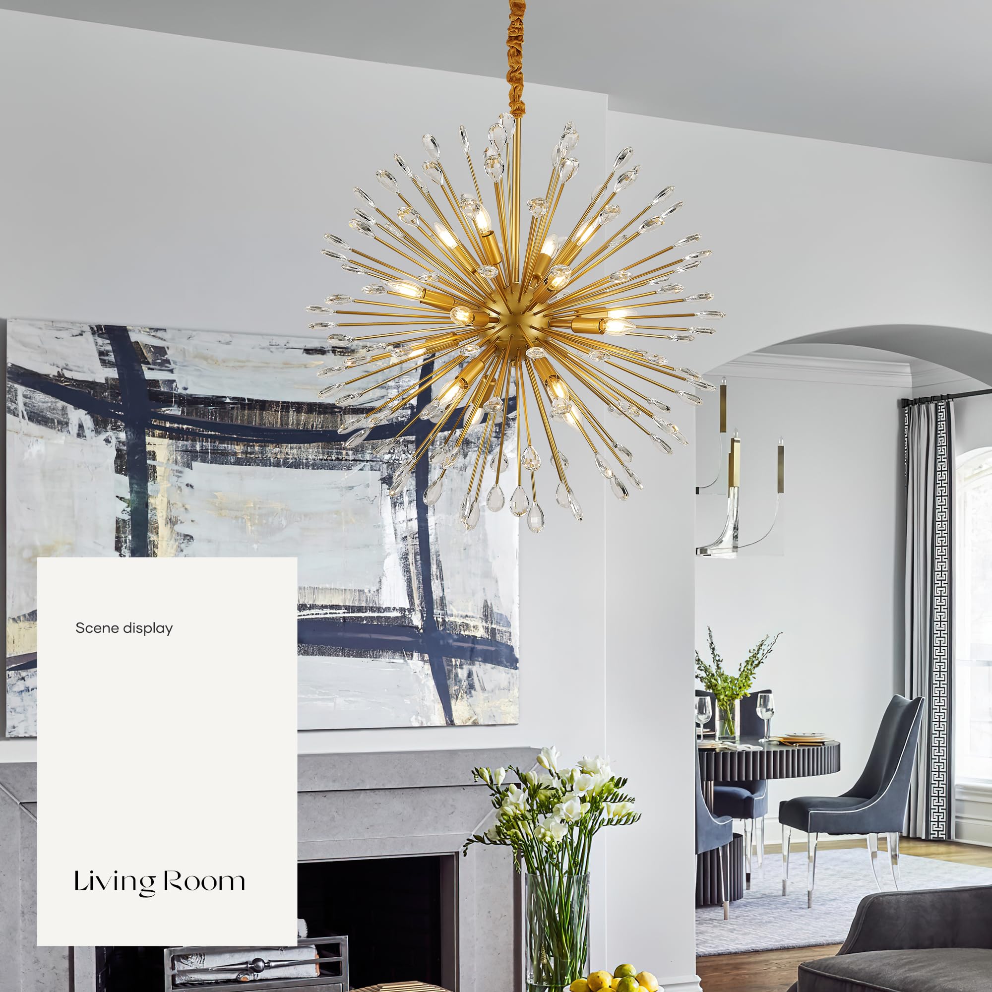 Aol furin 16-Light Gold Sputnik Chandeliers, 31" Starburst Firework Pendant Light fixtures, Mid-Century Modern Satellite Ceiling Lights for Dining Room, Kitchen, Bedroom, Living Room, E12