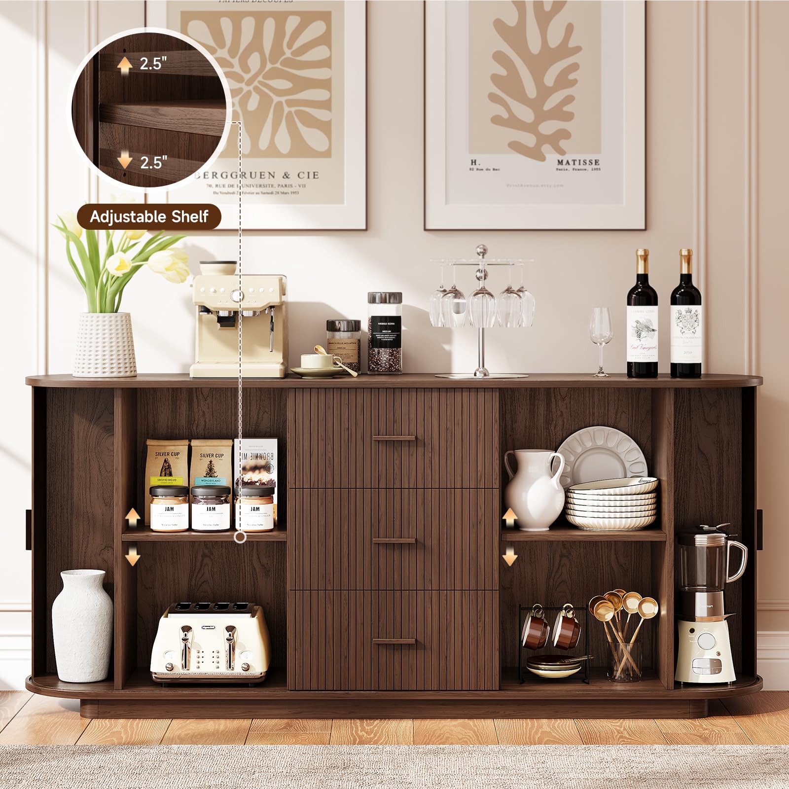 63" Fluted Sideboard Buffet Cabinet with 3 Drawers & 2 Sliding Doors