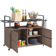 Outdoor Wicker Bar Cart with Glass Top, Wheels & Storage