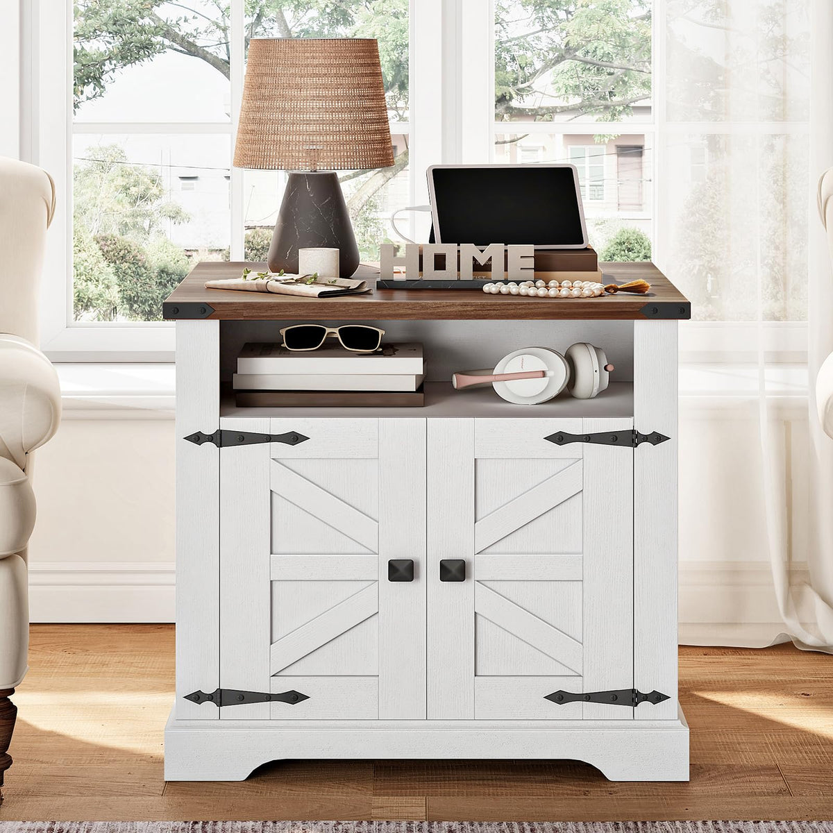 HOOBRO Farmhouse End Table Set of 2 with Charging Station, Large Side Table