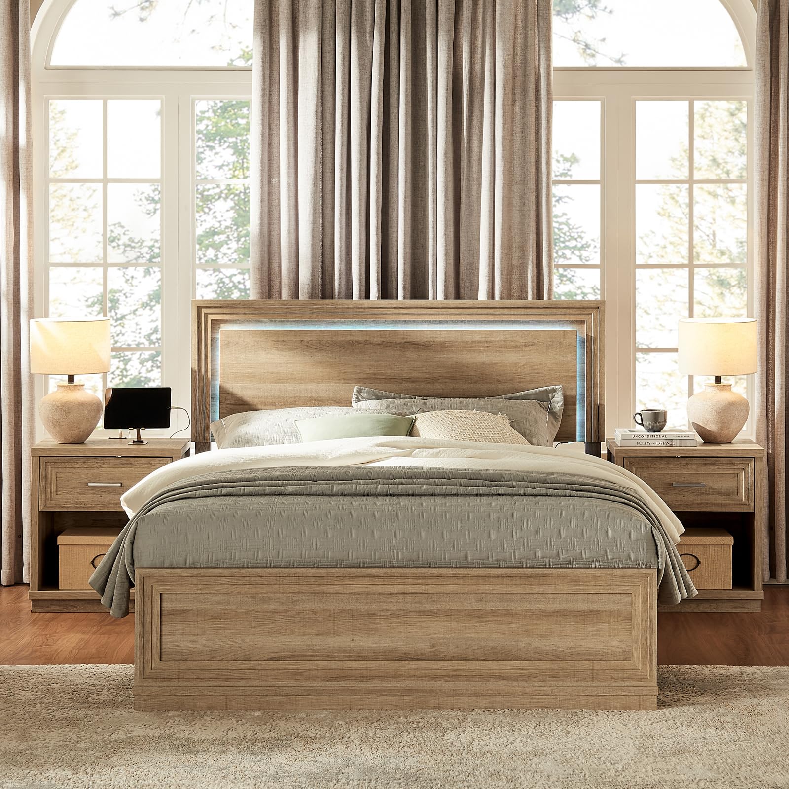Cherytika Bed Frame and Nightstand Set, Queen Wood Bed Frame with LED Headboard and 2 Bedside Tables, 3 Pieces Bedroom Furniture Set, Classic Modern (Natural Wood)