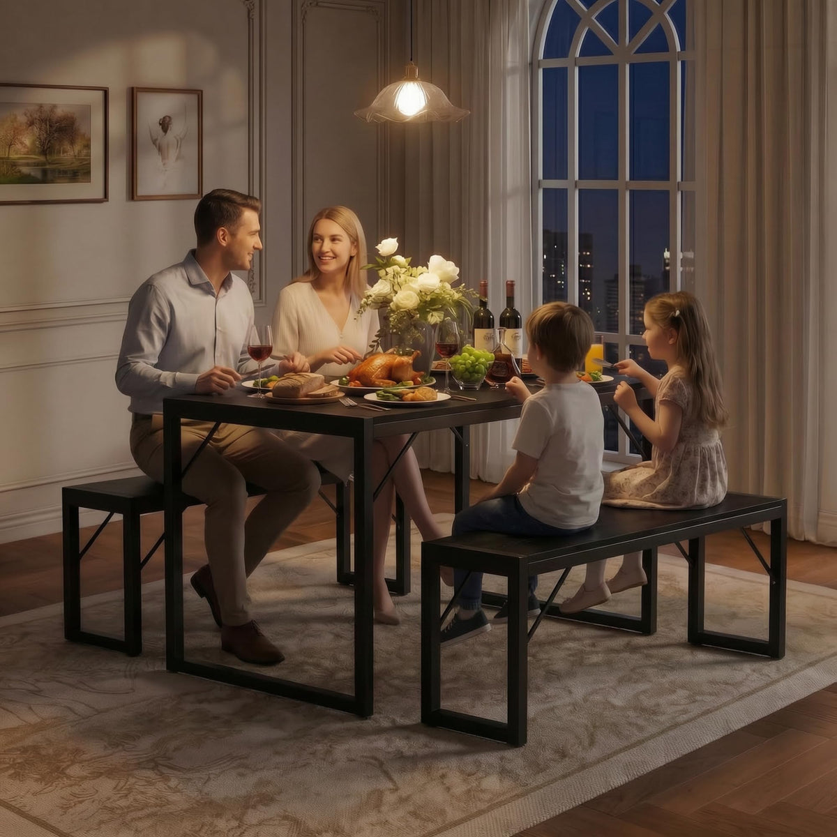 Bealife Dining Table Set for 4 with Metal Frame and MDF Board - Black
