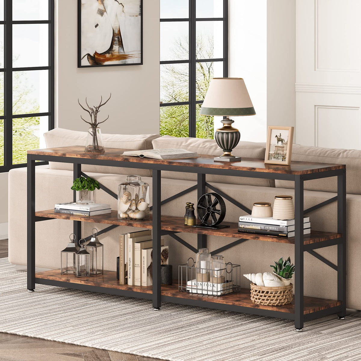 Tribesigns 70.9 Inch Extra Long Console Table, Modern Sofa Table Behind Couch Table with Storage Shelves, 3-Tier Industrial Hallway Entryway Table for Living Room, 3 Shelf Bookshelf(Brown)