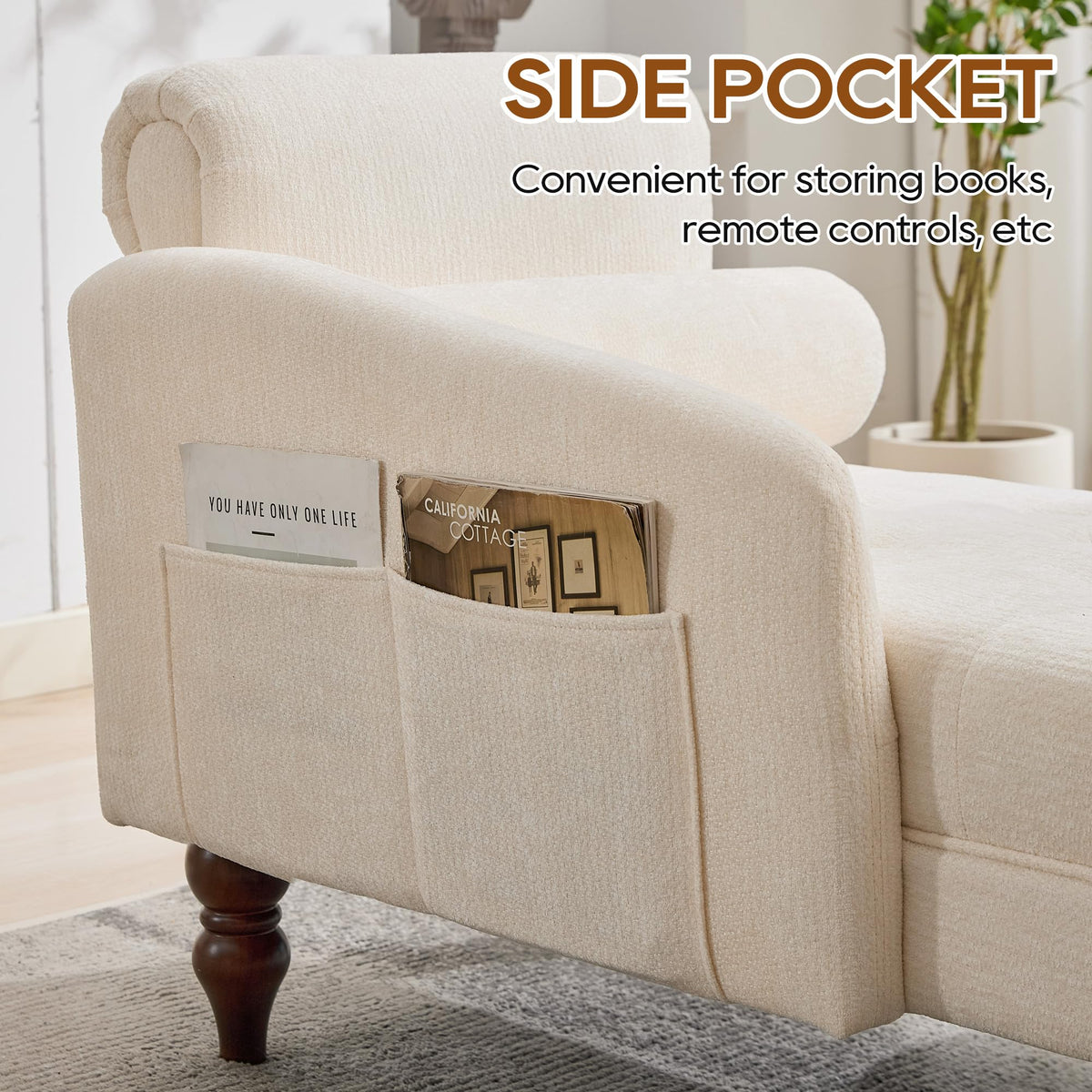 IPKIG Chaise Lounge Chair Indoor with Right Armrest, Chenille, Beige
