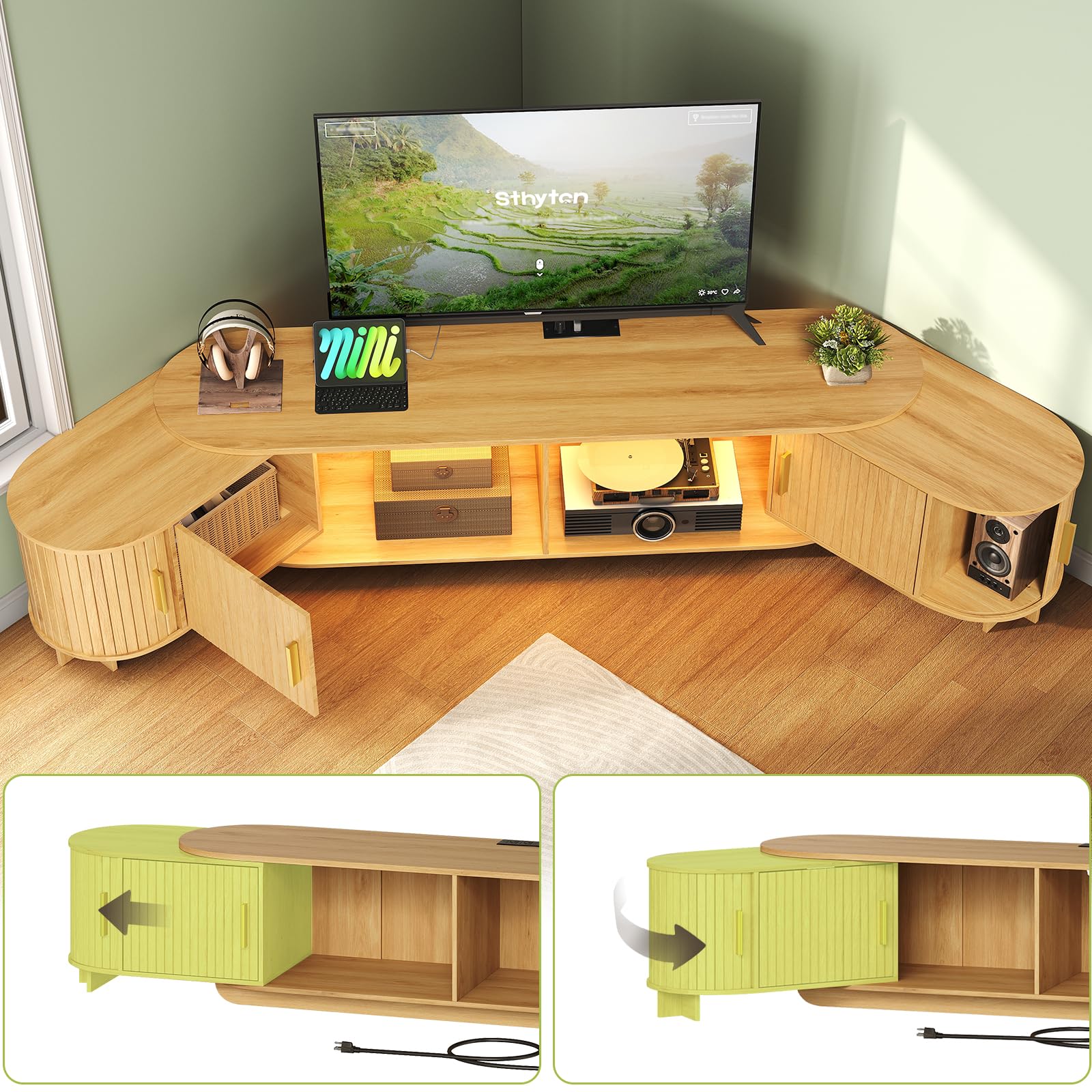 STHYTON Fluted TV Stand, Extendable TV Console with Power Outlet & LED Lights, Modern Entertainment Center with 2 Sling Doors for TVs up to 70", Storage Organizer, for Living Room and Bedroom, Natural