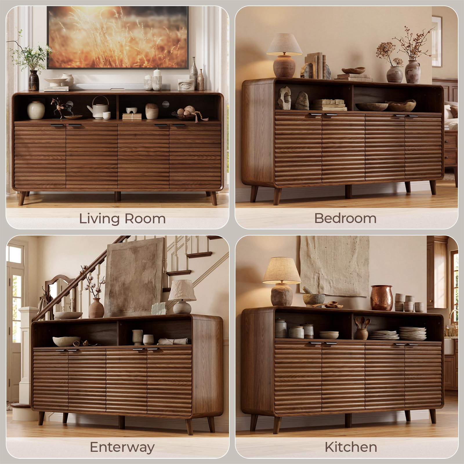 Lefurture 61" Sideboard Buffet Cabinet with Open Storage & 4 Doors, Large Coffee Bar Cabinet with Adjustable Shelves, Mid Century Modern Fluted Buffet Cabinet for Kitchen, Living Room, Walnut