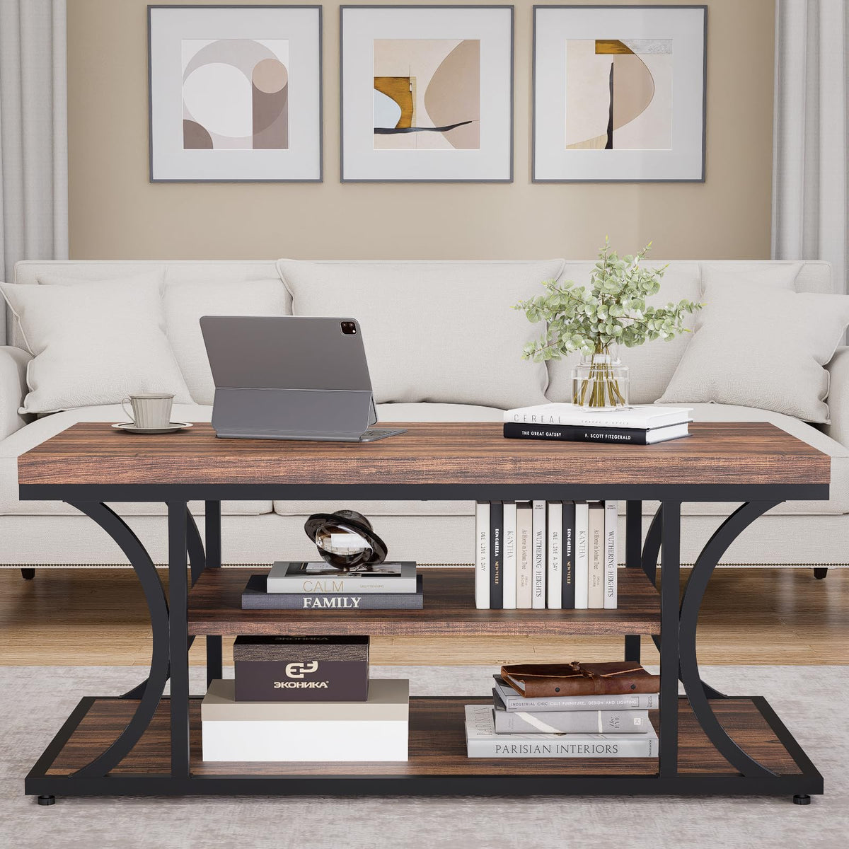 FUXJUM Coffee Table with Storage, 3-Tier Farmhouse Living Room Table