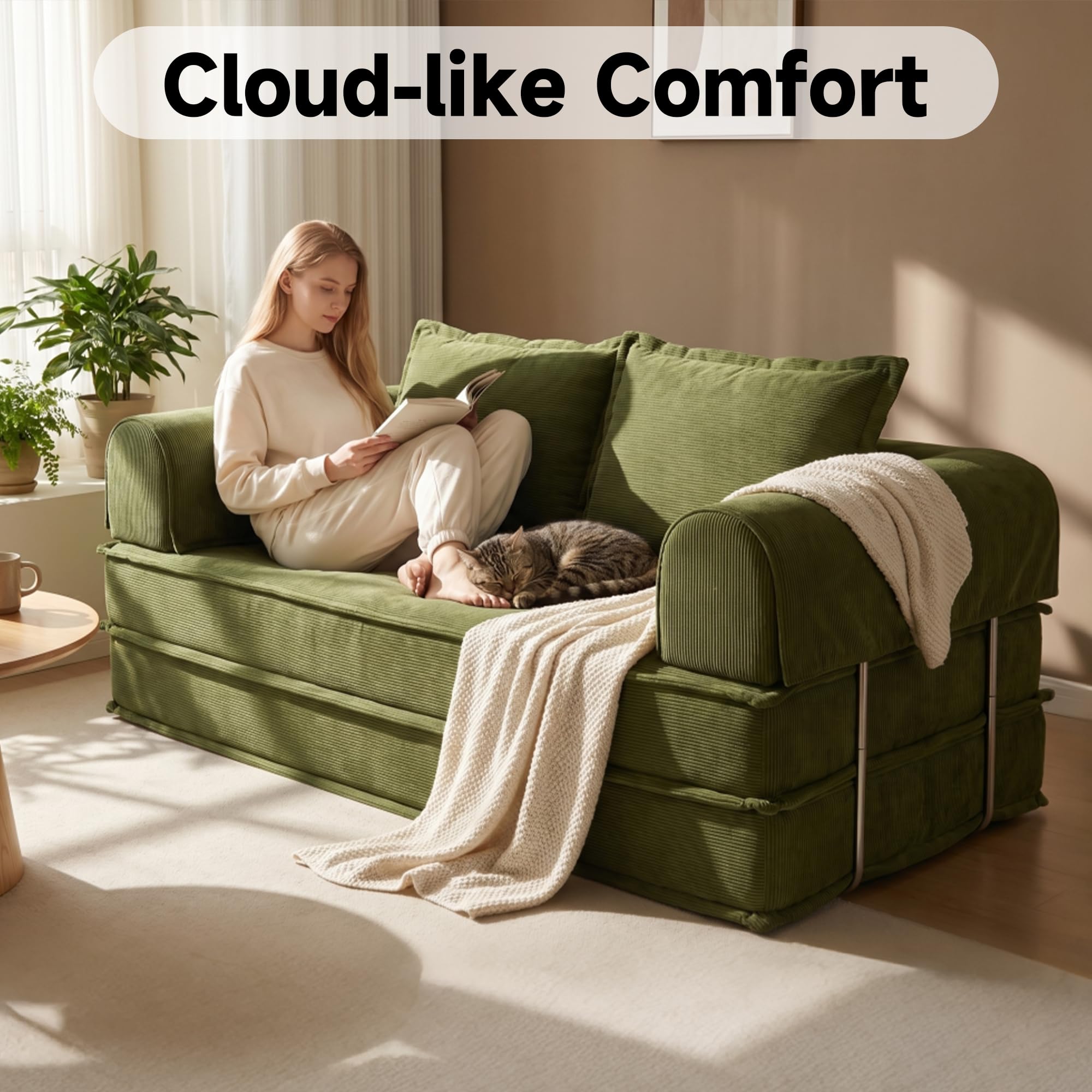 79" Futon Sofa Bed, Convertible Sofa Bed with Fixed-Shape Frame, 5-in-1 Cloud Boneless Couch with Corduroy Cover, Compressed Sleeper Sofa Bed in a Box, Boneless Loveseat Daybed for Living Room Green