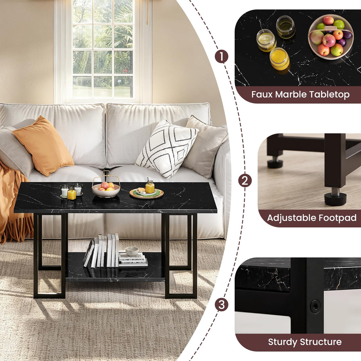 AWQM Coffee Table Set of 3, Faux Marble Living Room Table Set, Black