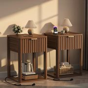Akxomel Nightstand Set 2 with Charging Station Fluted Bedside Table Walnut