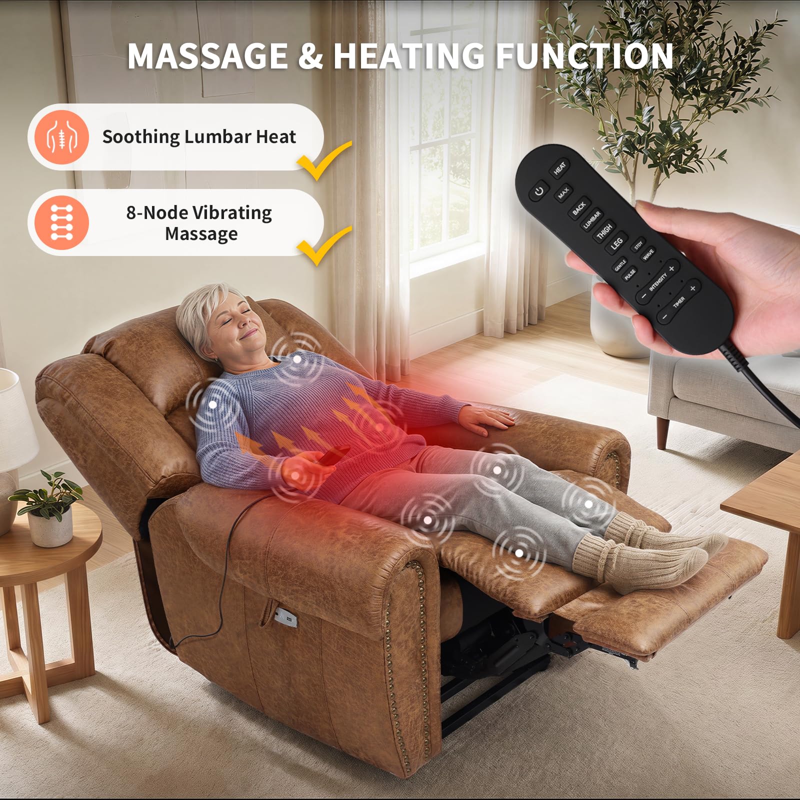 EONIX Classical Large Power Lift Recliner Chair for Elderly with Heat and Massage, Dual Motor Lay Flat Electric Lift Chair Recliner for Adults, Living Room, Bedroom, SLRY005061, Nut Brown