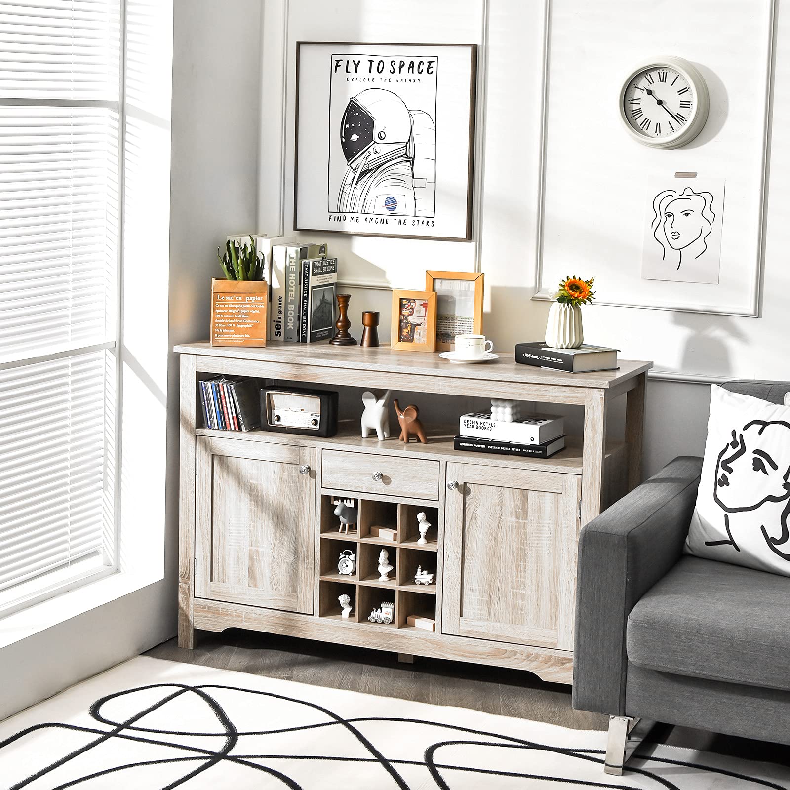 Giantex Buffet Server Sideboard, Console Wood Dining Table, Cupboard Table with 2 Cabinets, 1 Drawer and 9 Wine Cabinets, Storage Organizer Kitchen and Dining Room (Gray)