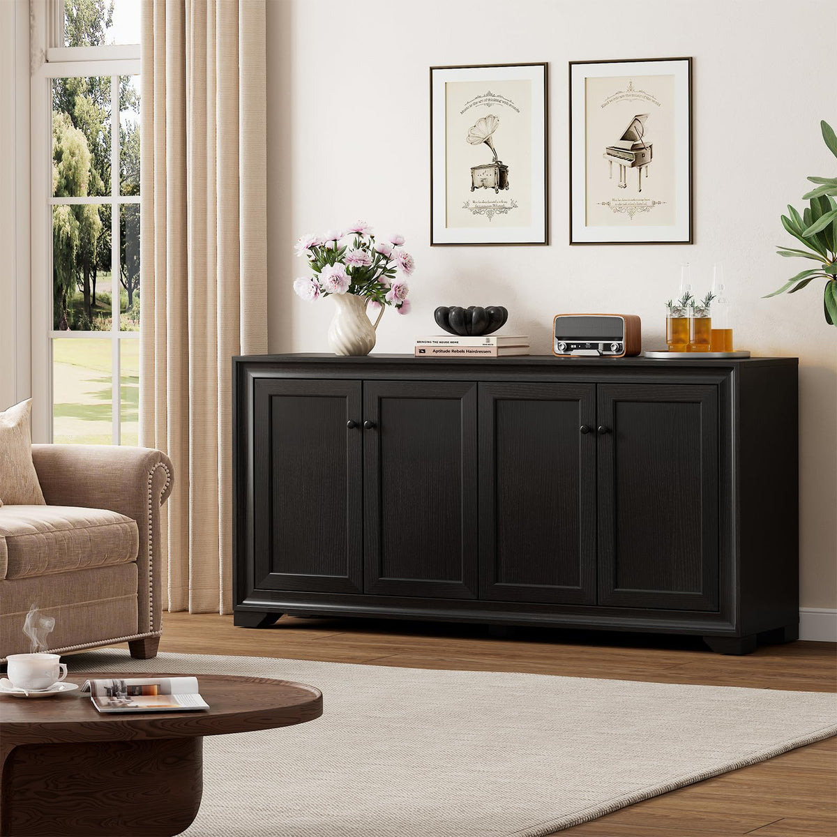 Comfycorner 60" Buffet Cabinet with Storage, Sideboard Buffet Table Black