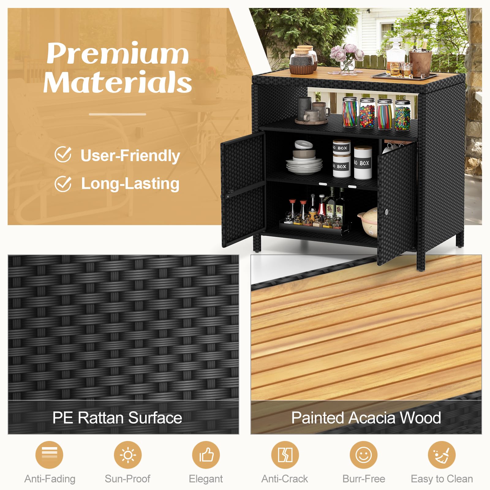 Rattan Outdoor Storage Cabinet with Acacia Wood Top