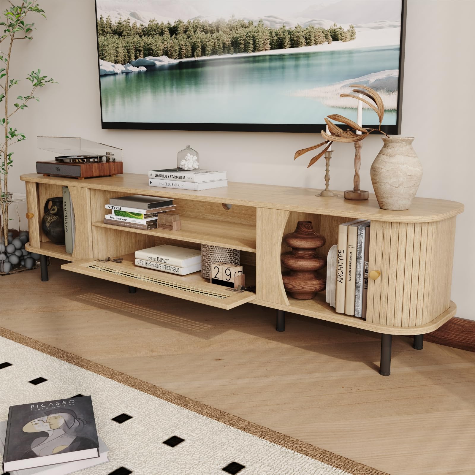 basenji 71" Mid Century Modern TV Stand, Wood TV Consoles with Sliding Doors and Rattan Door, Entertainment Center with Adjustable Shelves, Fluted TV Stands for Living Room, Wood
