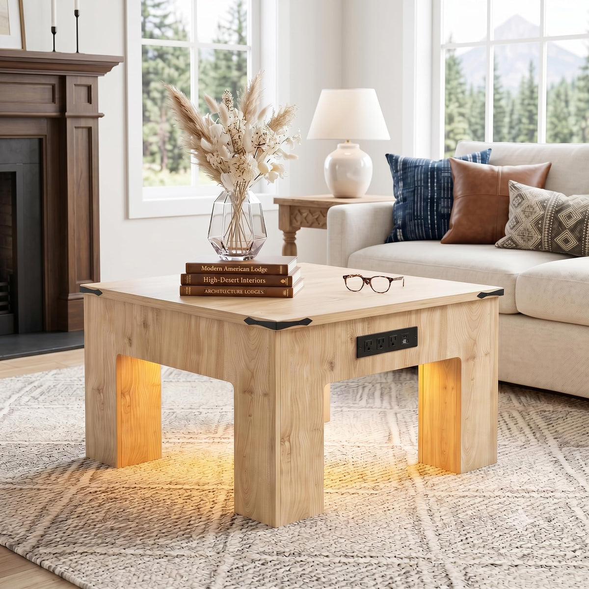 Square LED Coffee Table with Charging Station, Natural