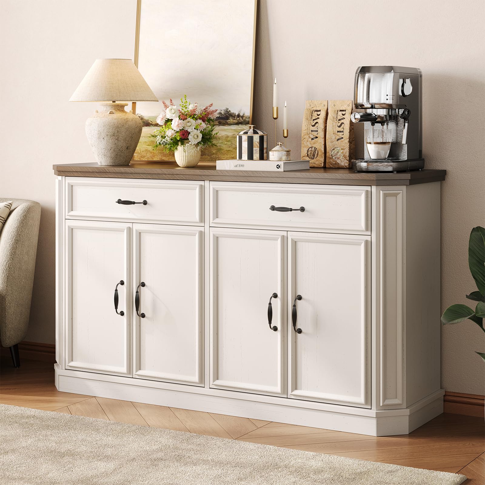 55" Sideboard Buffet Cabinet with Drawers & Adjustable Shelves