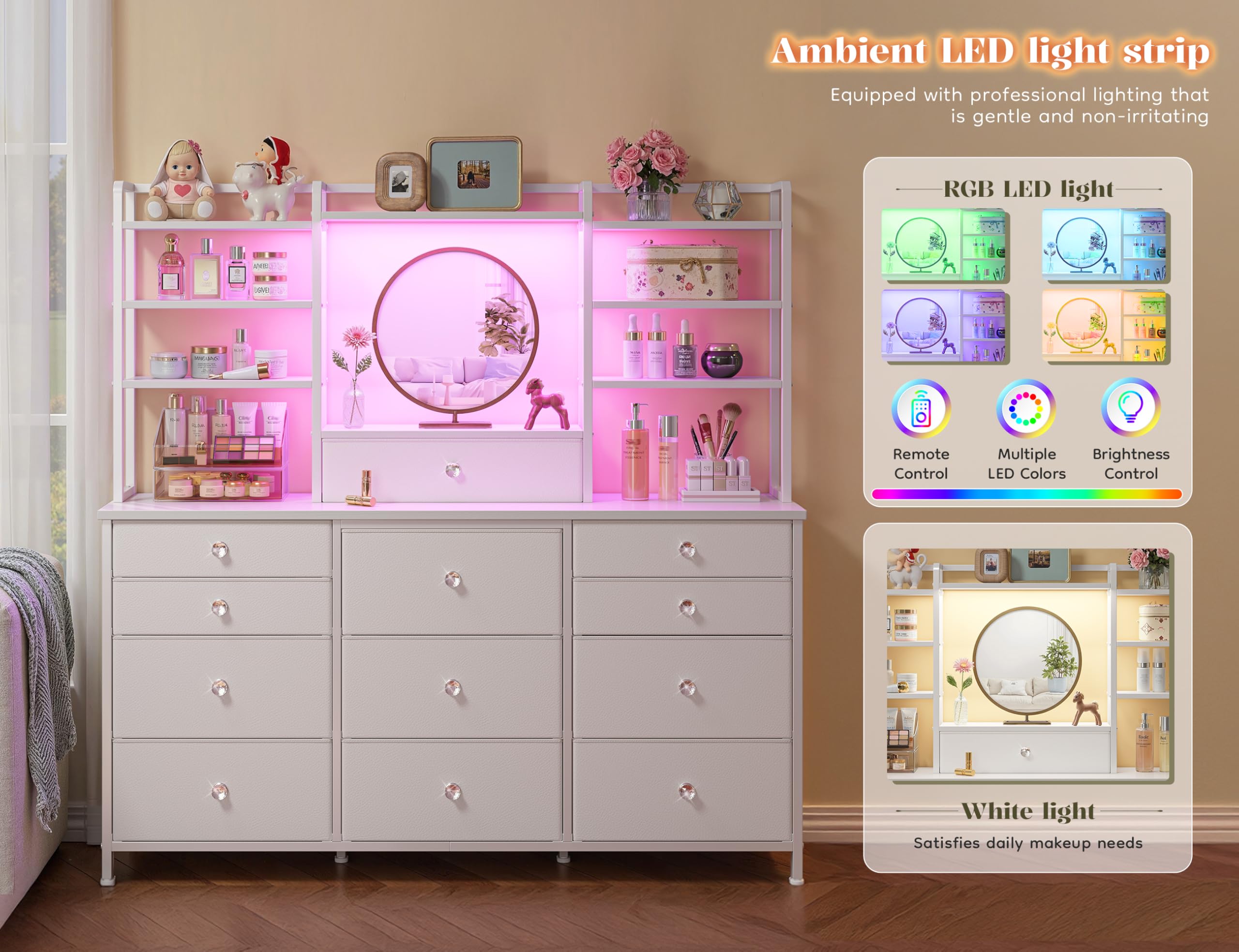 Romorgniz White Dresser for Bedroom with 12 Drawers & LED Lights, Fabric Dressers & Chests of Drawers with Open Shelves, Vanity Dresser Organizer with Metal Frame Wooden Shelf for Entryway Closet