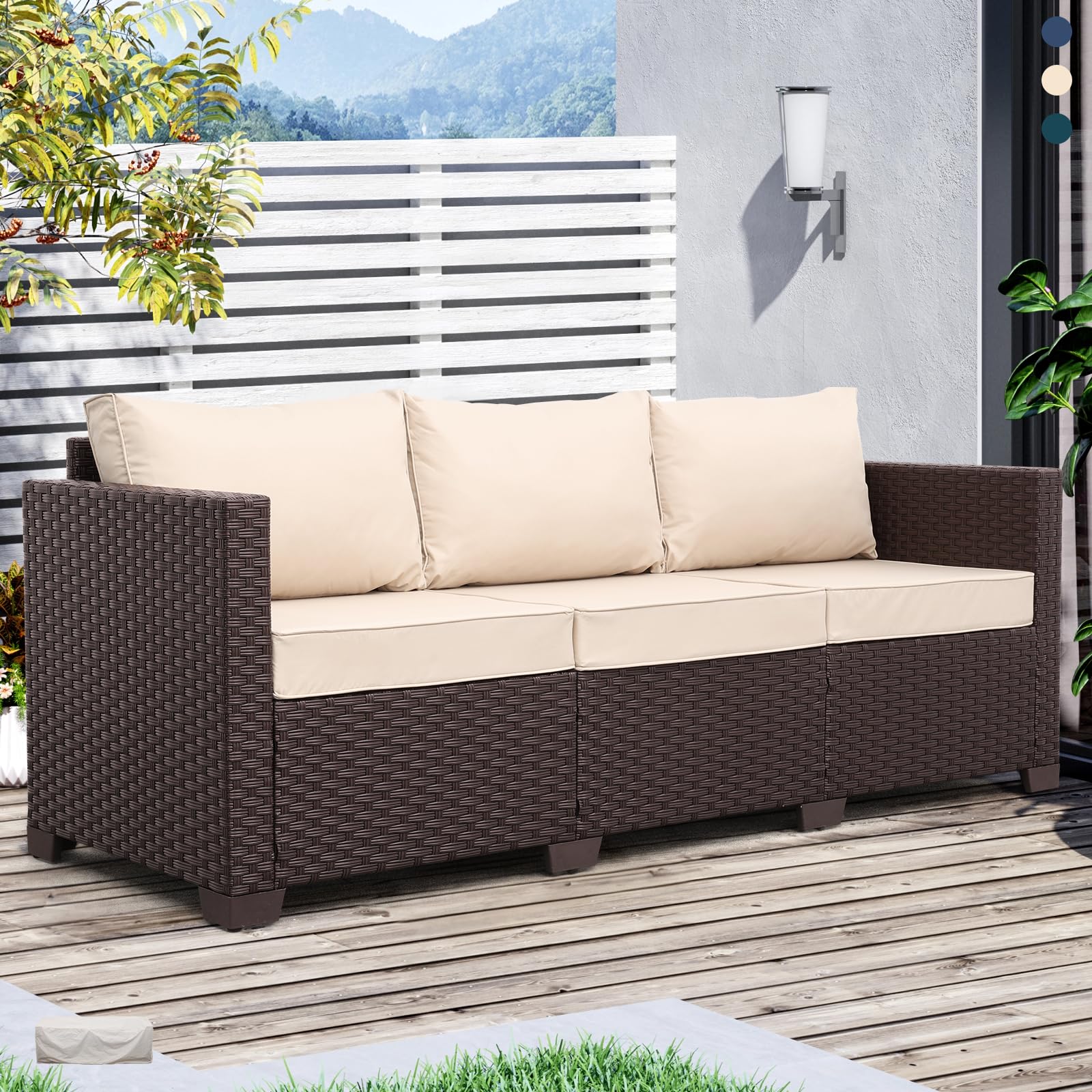 3-Seat Outdoor Wicker Sofa with Deep Seat & Non-Slip Cushions