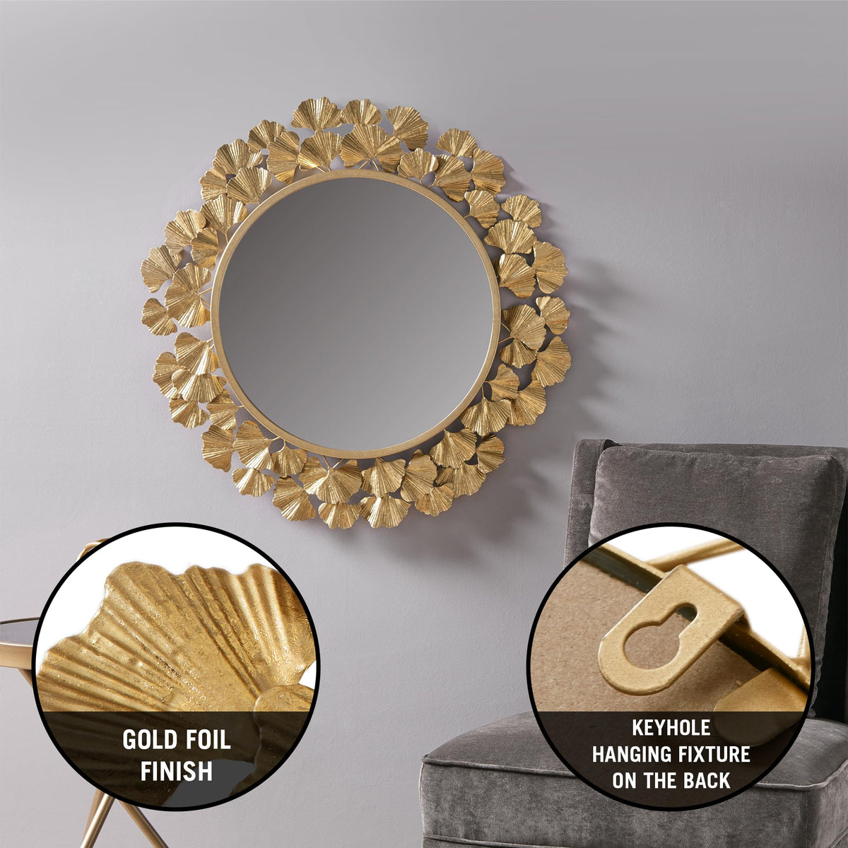 Gold Ginkgo Leaf Round Wall Mirror